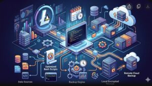 Современная иллюстрация процесса оптимизации резервного копирования в Linux с помощью bash-скриптов для блога.