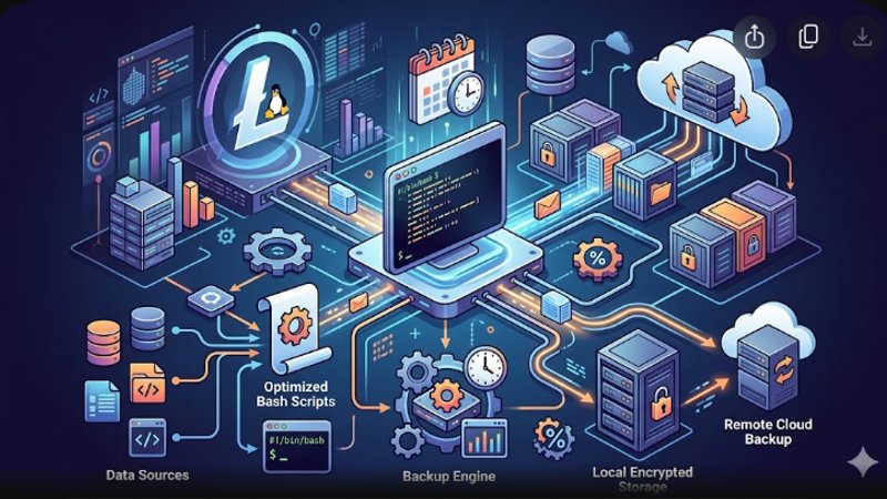 Современная иллюстрация процесса оптимизации резервного копирования в Linux с помощью bash-скриптов для блога.